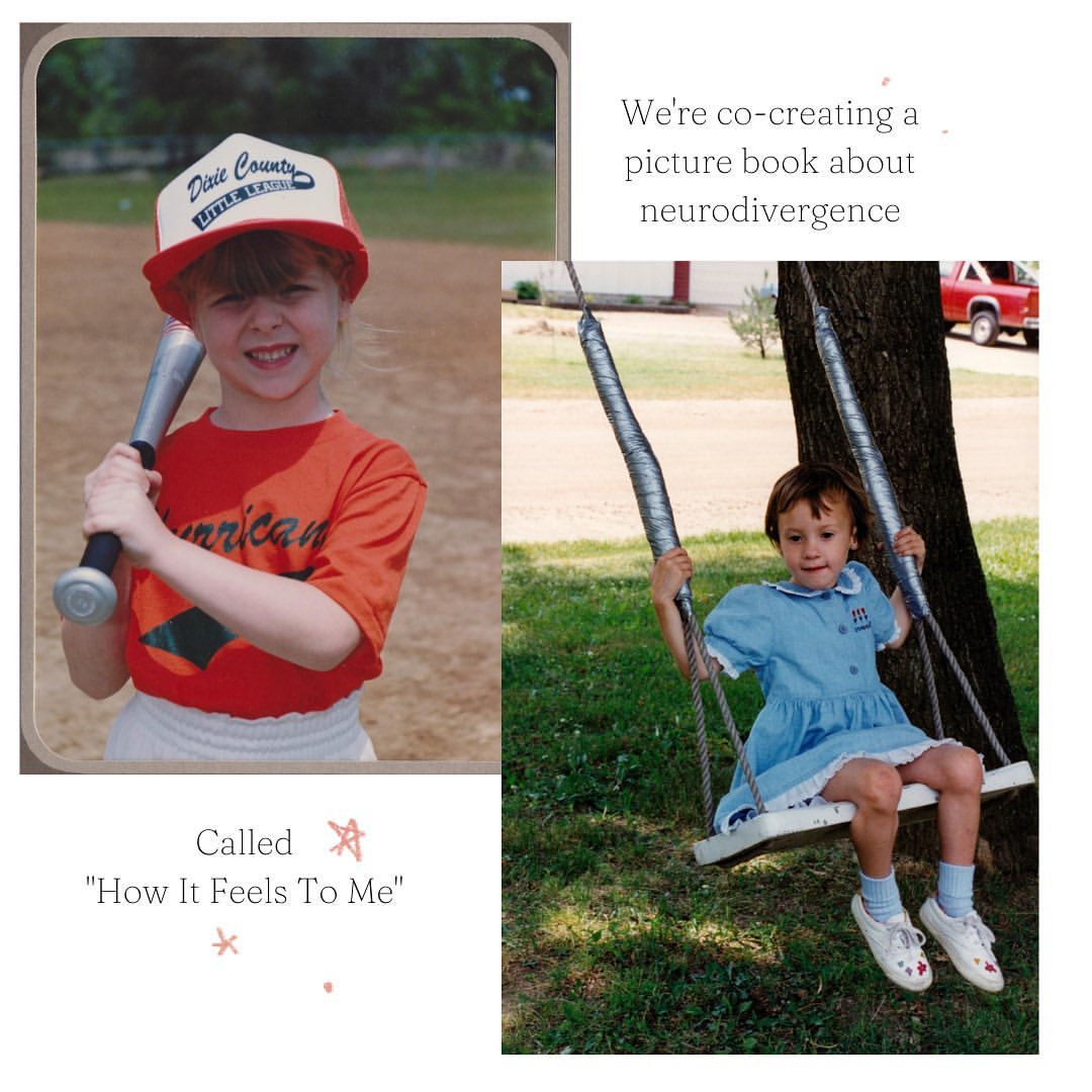Sarah in orange t-ball uniform squinting and holding bat. Gracie in a blue dress on a swing. Both around 5 years old.