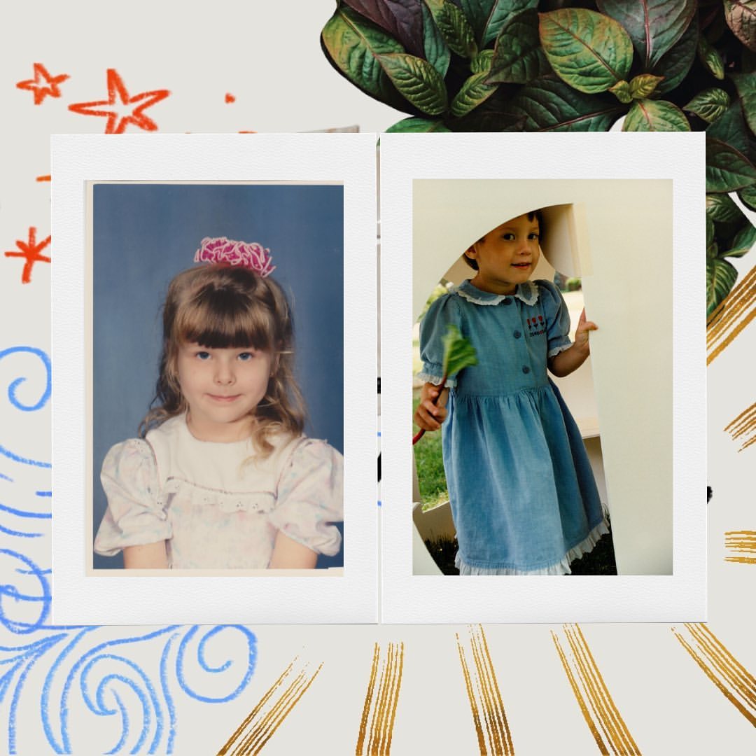 Collage of childhood photos Sarah with an awkward flat smile and a pink bow, Gracie peeking out from behind a wall. Both wearing ruffly dresses. Around age 5.