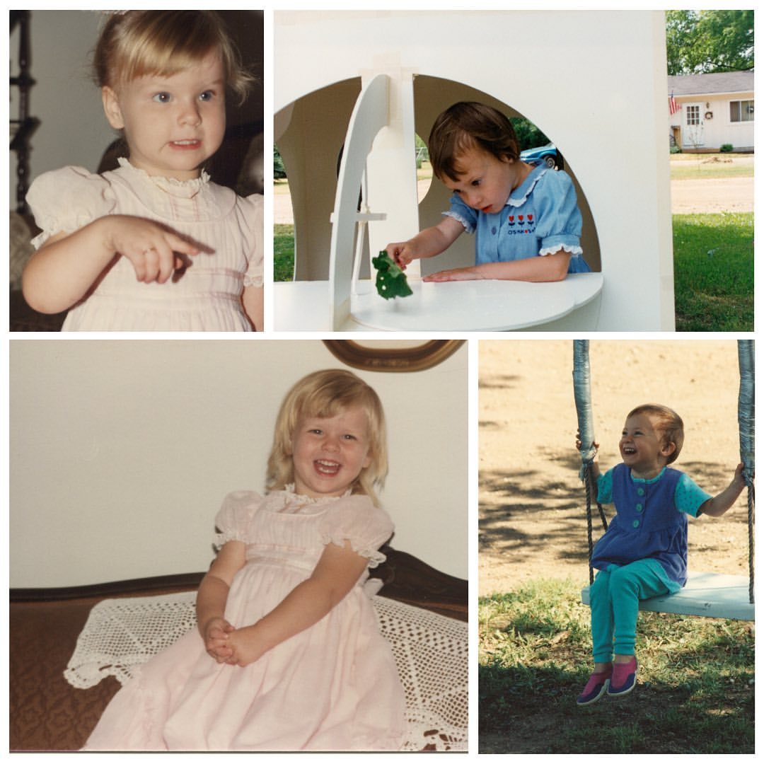 Sarah pointing and laughing in pink dress at 2-3 years old. Toddler Gracie putting a leaf in water. Toddler Gracie laughing on a swing.