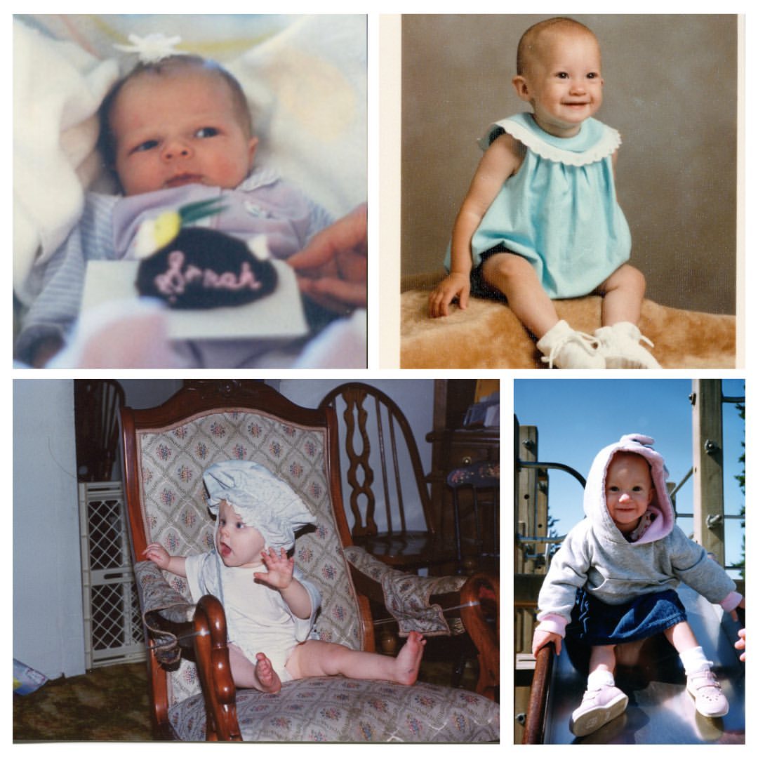 Baby Sarah with a bunny cake side eyeing mother. Toddler Gracie in a blue romper with white shoes and lace socks. Toddler Sarah with a ruffled bloomers on head. Toddler Gracie in a cozy hoodie on slide.